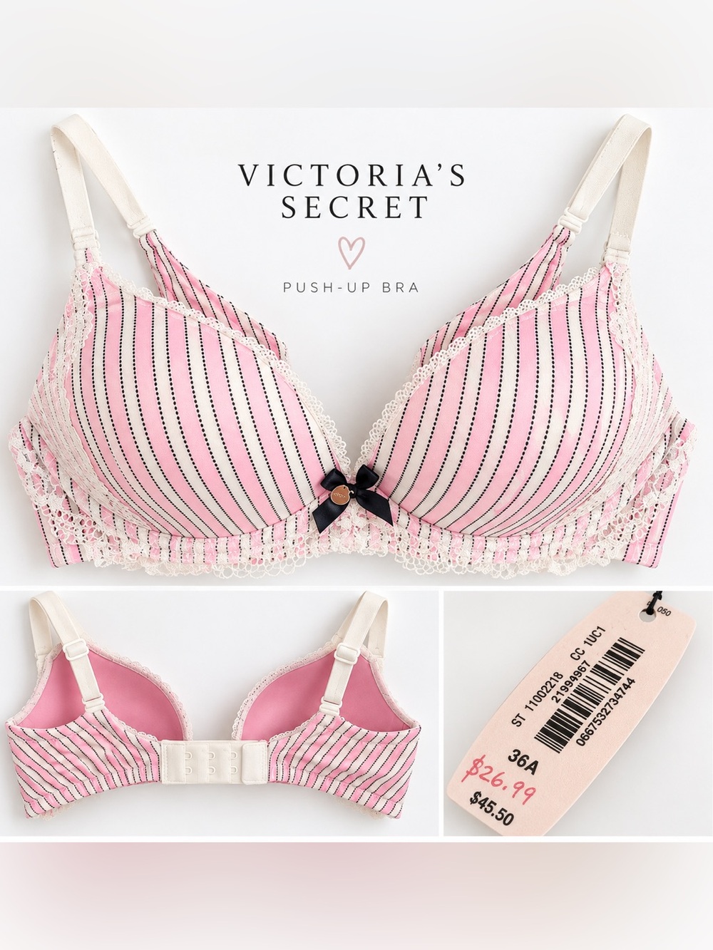 Victoria’s Secret Pink Stripe Lace Trim Bra 36A NWT